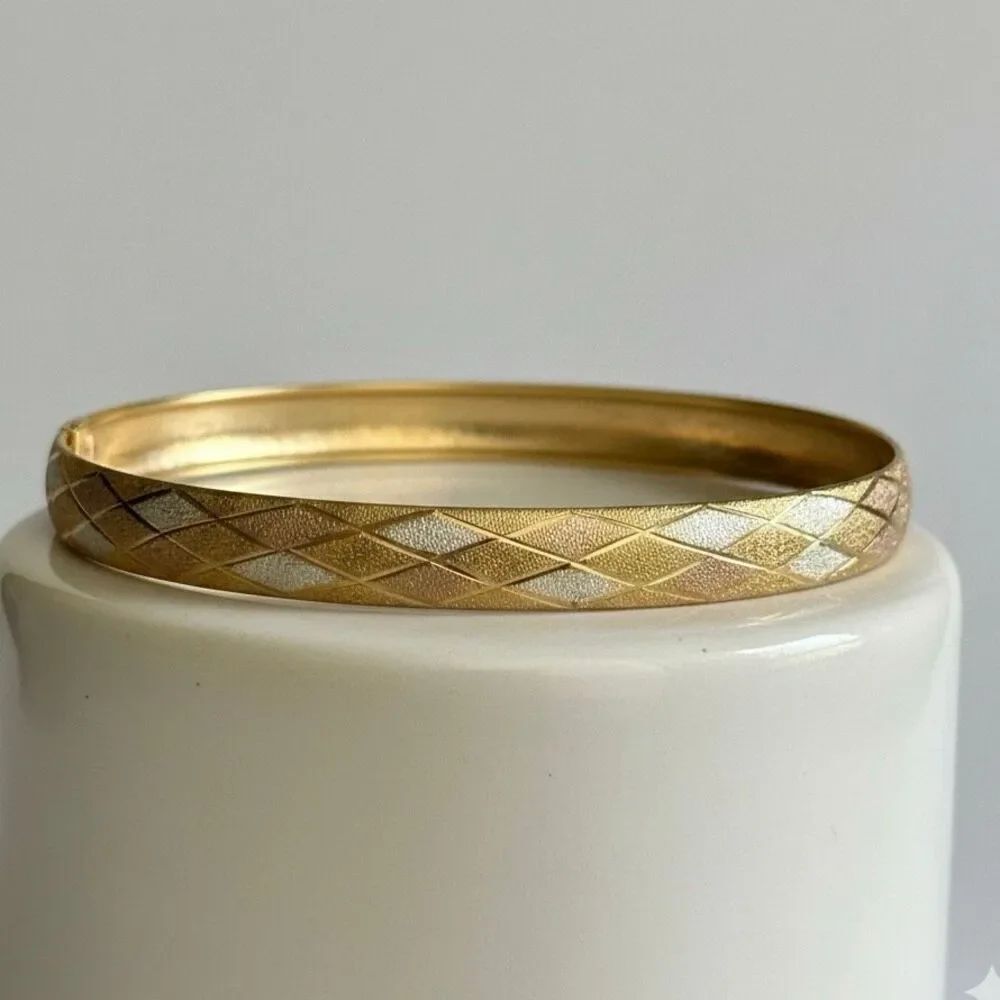 New 3-Tone Diamond Cut Textured Bangle Bracelet Yellow, White, & Rose Gold